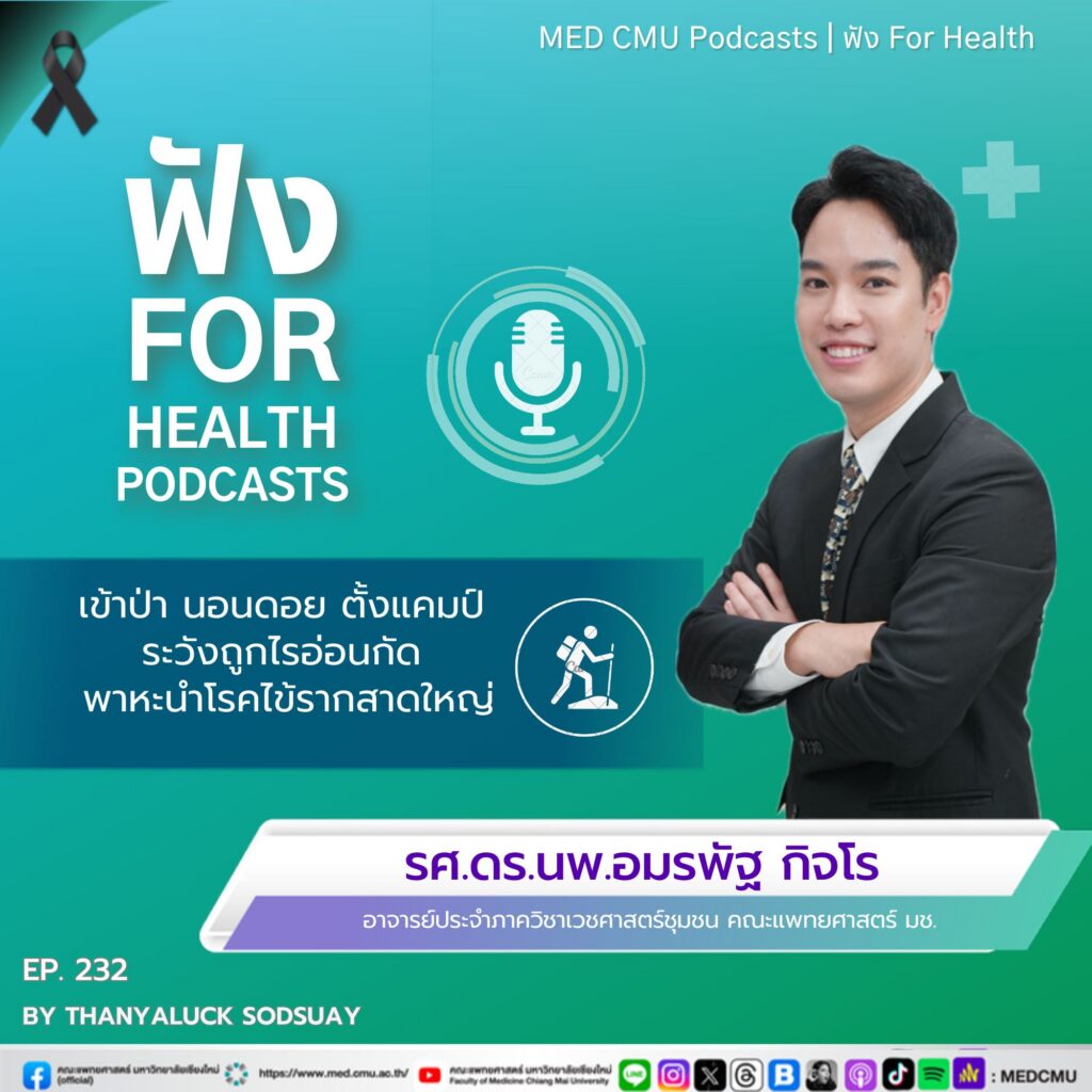 มาร่วมฟังความรู้สาระดีๆ กับเรา MED CMU ฟัง for health Podcasts EP. 232เข้าป่า นอนดอย ตั้งแคมป์ ระวังถูกไรอ่อนกัด พาหะนำโรคไข้รากสาดใหญ่