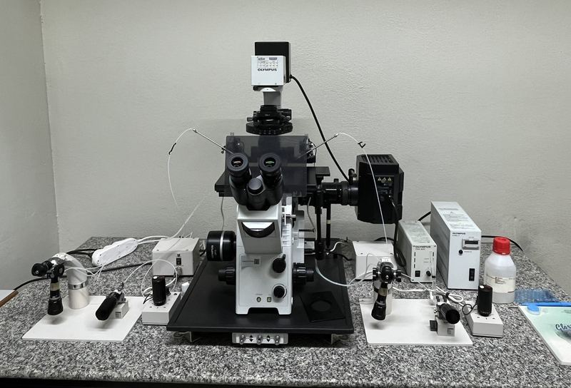 เครื่อง Olympus IX71 ของหน่วย มุมด้านหน้า พร้อมชุด micromanipulator ทั้งสองข้าง